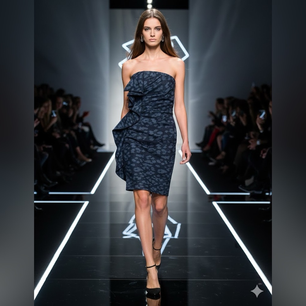 LANVIN Paris strapless denim animal print ruffle front knee length dress 6